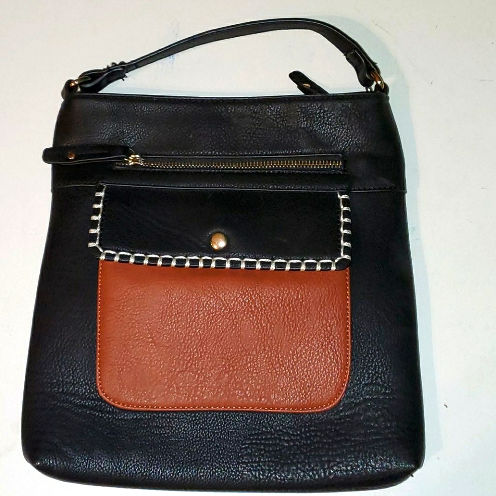 Clarks black with brown front pocket leather shoulder bag